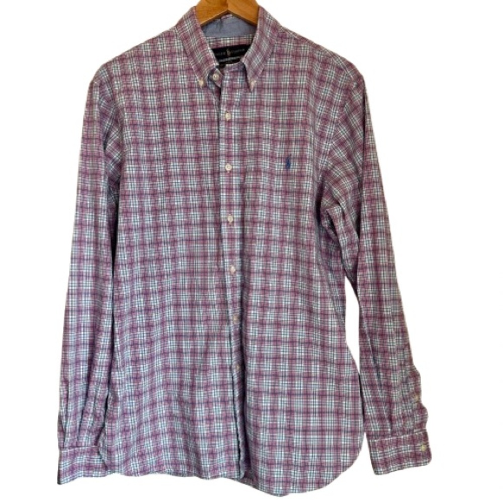 Polo Ralph Lauren Men’s Slim Fit 100% Cotton Pink And Blue Plaid Button Down LG